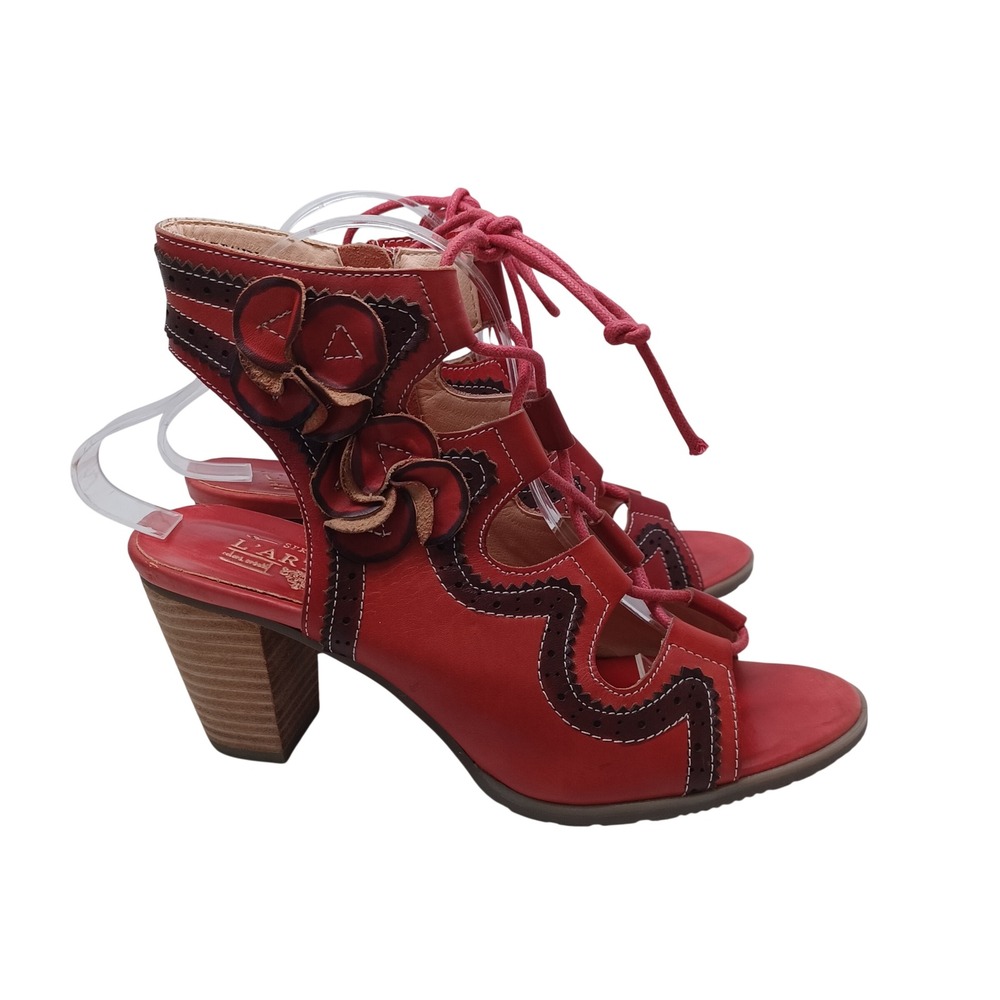 L'Artiste Spring Step Alejandra Red Leather Floral Lace Up Block Heel Sandals 41